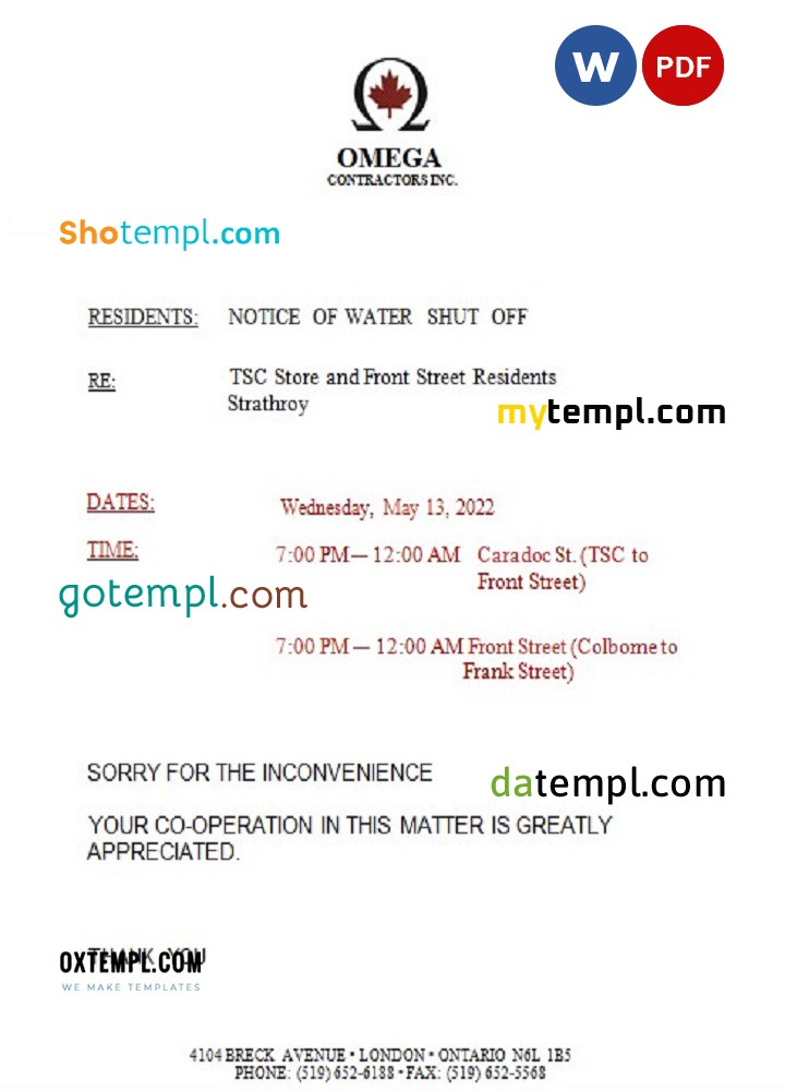 Canada Ontario Omega Contractors Inc. water utility bill shutoff notice, Word and PDF template